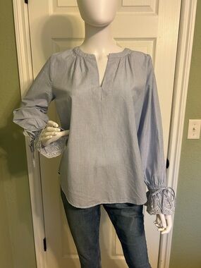 LOFT Light Blue & White Pin-Striped Split-Neck Eyelet Cuff Blouse